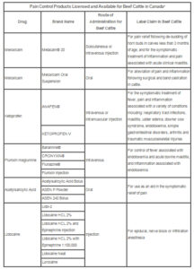 Table: Pain Control Products Licensed and Available for Beef Cattle in Canada Click to enlarge.